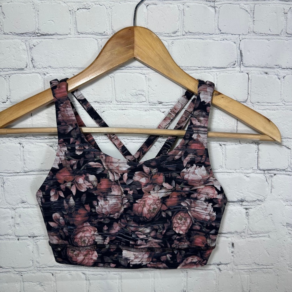 Lululemon Free‎ To Be Wild Sports Bra Size 4 Dark Floral Strappy Back Yoga Bra
